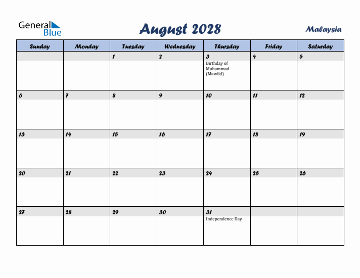 August 2028 Calendar with Holidays in Malaysia