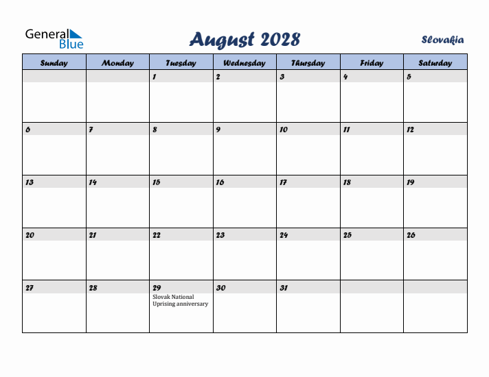 August 2028 Calendar with Holidays in Slovakia
