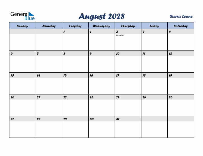 August 2028 Calendar with Holidays in Sierra Leone