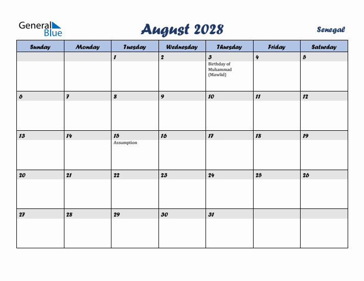August 2028 Calendar with Holidays in Senegal