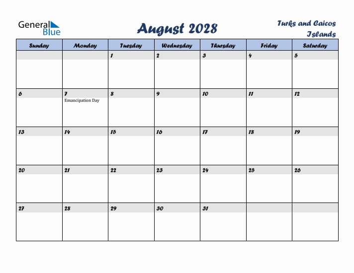 August 2028 Calendar with Holidays in Turks and Caicos Islands