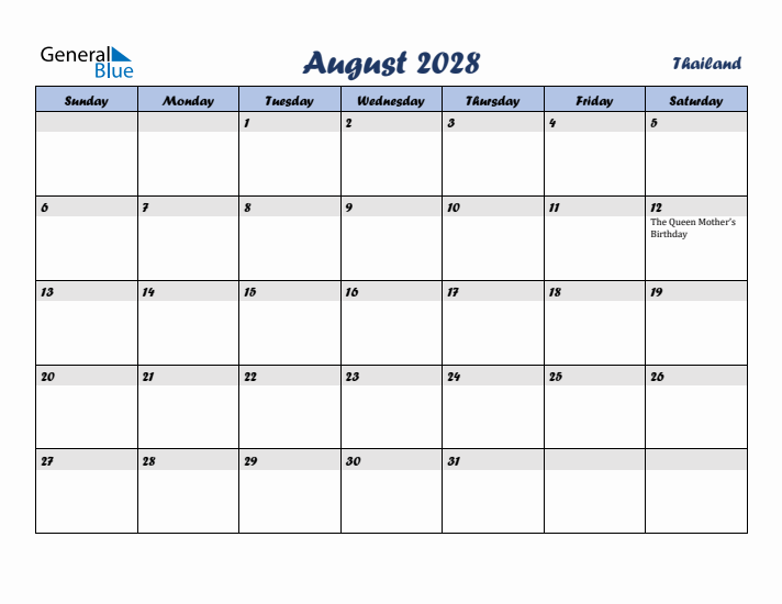August 2028 Calendar with Holidays in Thailand
