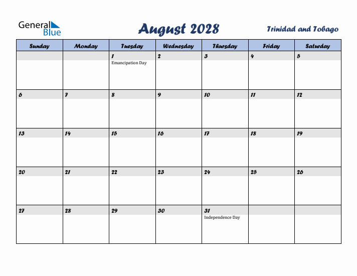 August 2028 Calendar with Holidays in Trinidad and Tobago