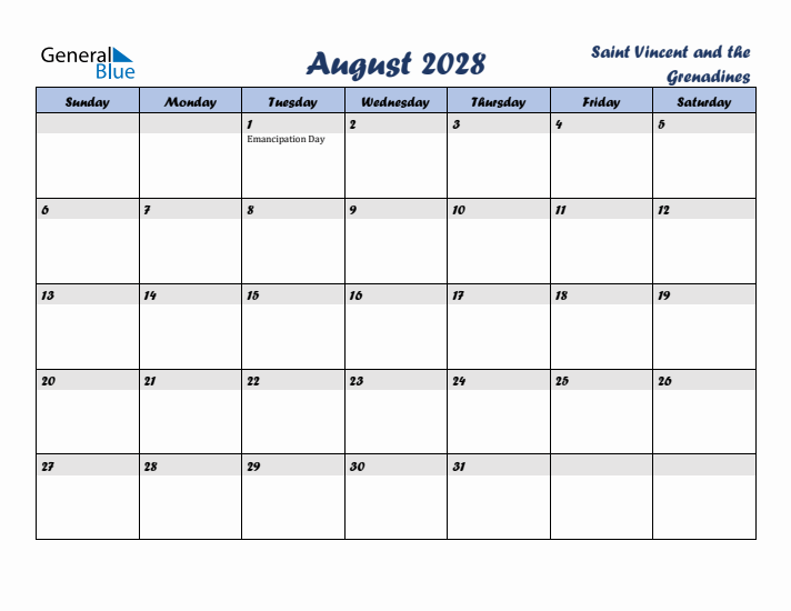 August 2028 Calendar with Holidays in Saint Vincent and the Grenadines