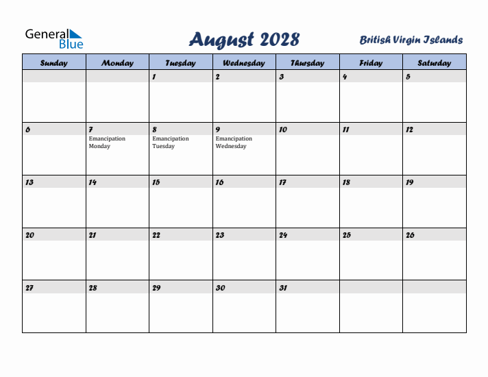 August 2028 Calendar with Holidays in British Virgin Islands