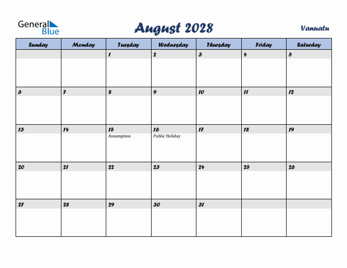 August 2028 Calendar with Holidays in Vanuatu