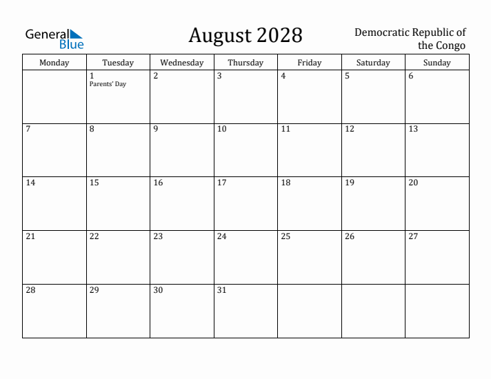 August 2028 Calendar Democratic Republic of the Congo