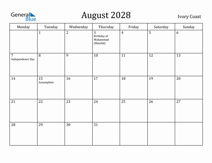 August 2028 Calendar Ivory Coast