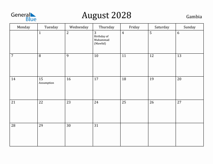 August 2028 Calendar Gambia