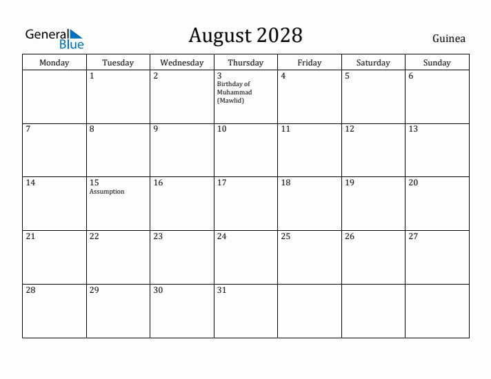 August 2028 Calendar Guinea