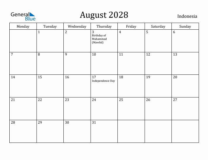 August 2028 Calendar Indonesia