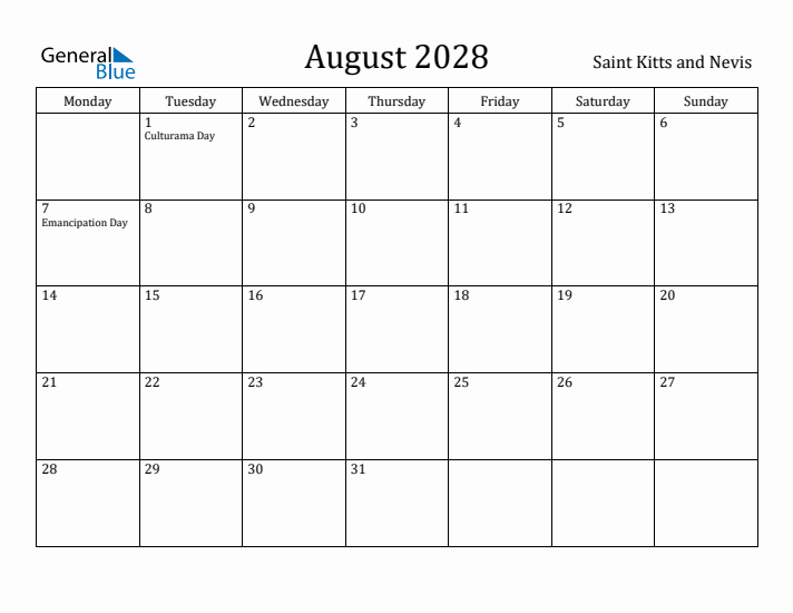 August 2028 Calendar Saint Kitts and Nevis