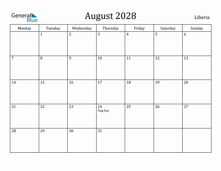 August 2028 Calendar Liberia