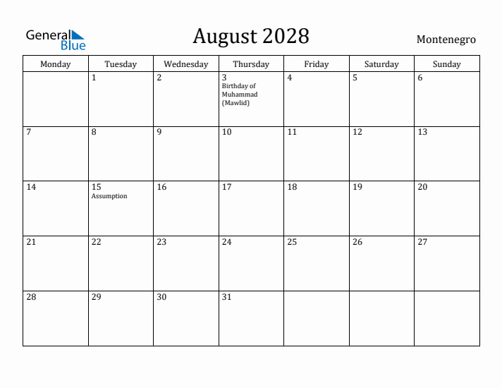 August 2028 Calendar Montenegro