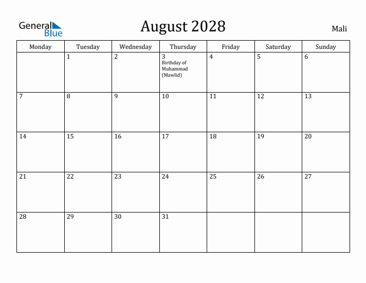 August 2028 Calendar Mali
