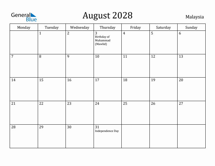 August 2028 Calendar Malaysia