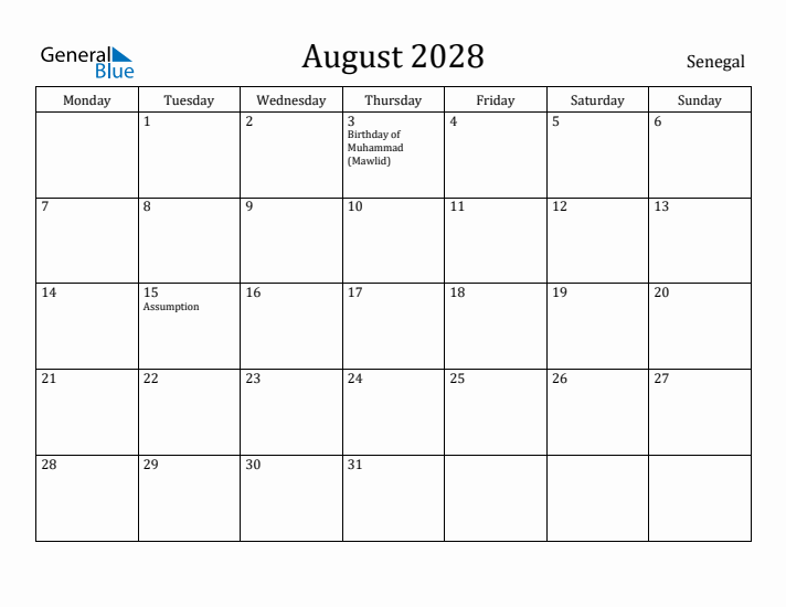 August 2028 Calendar Senegal
