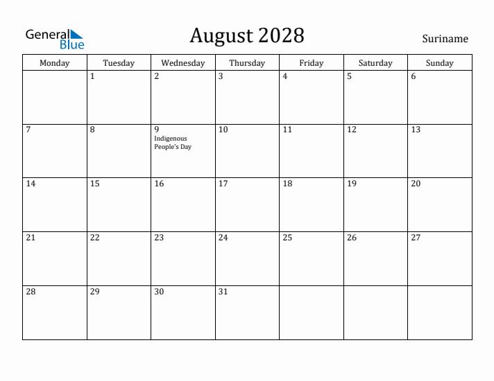 August 2028 Calendar Suriname