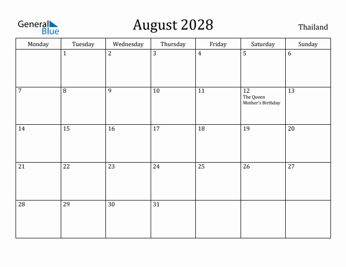 August 2028 Calendar Thailand