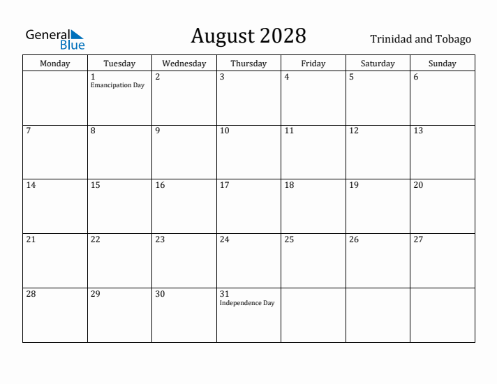August 2028 Calendar Trinidad and Tobago