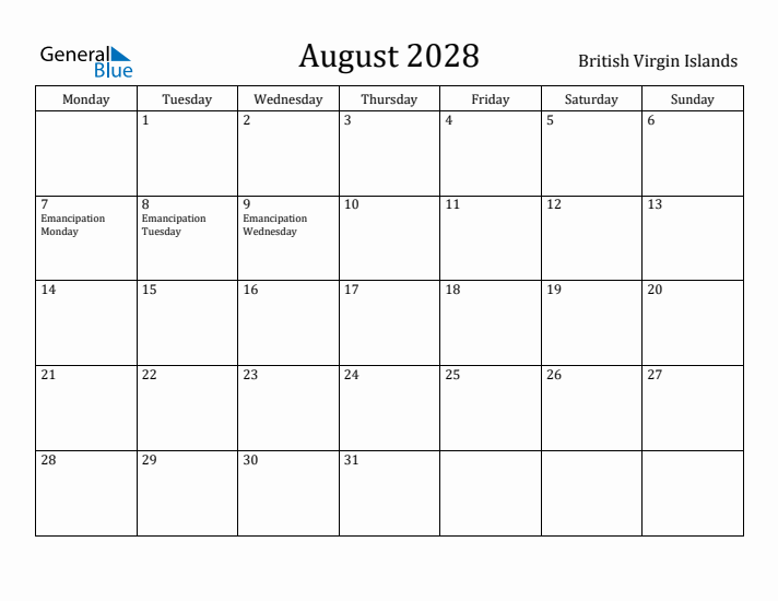 August 2028 Calendar British Virgin Islands