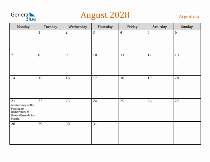 August 2028 Holiday Calendar with Monday Start