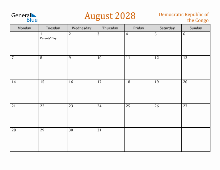 August 2028 Holiday Calendar with Monday Start