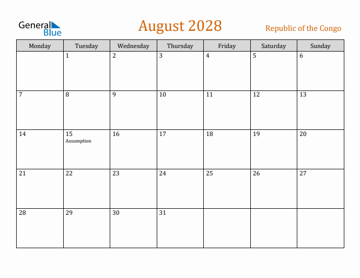 August 2028 Holiday Calendar with Monday Start