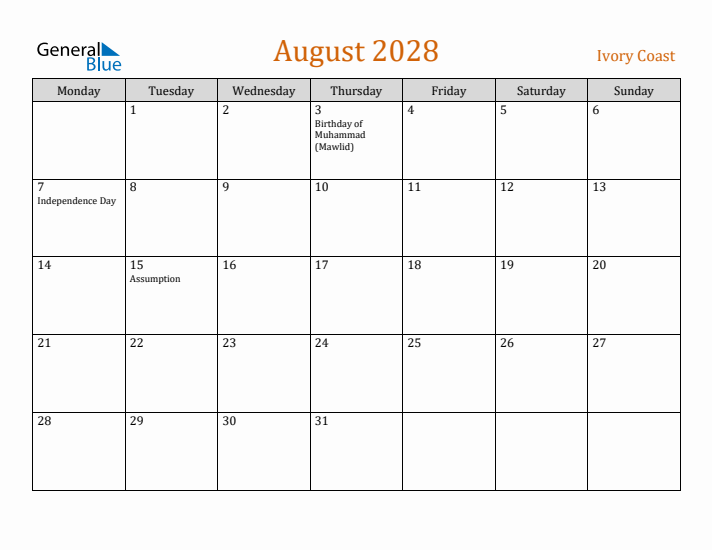 August 2028 Holiday Calendar with Monday Start