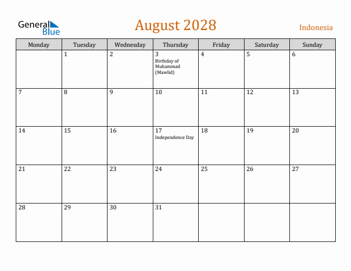 August 2028 Holiday Calendar with Monday Start