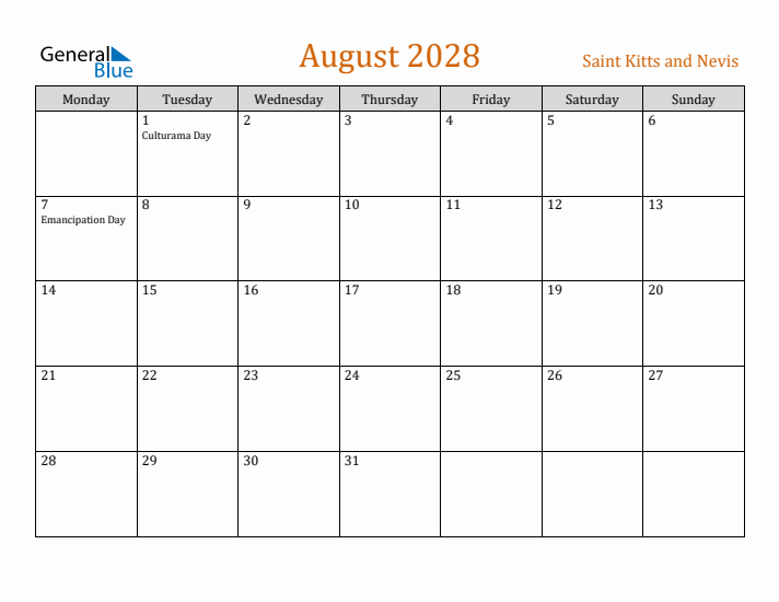 August 2028 Holiday Calendar with Monday Start