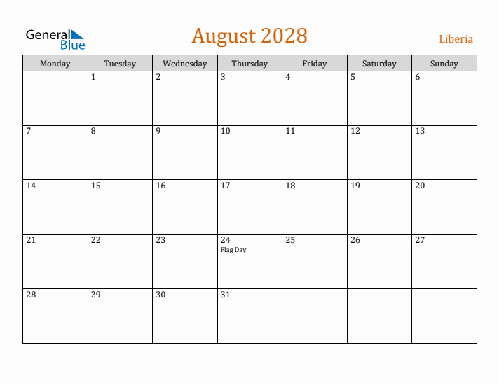 August 2028 Holiday Calendar with Monday Start
