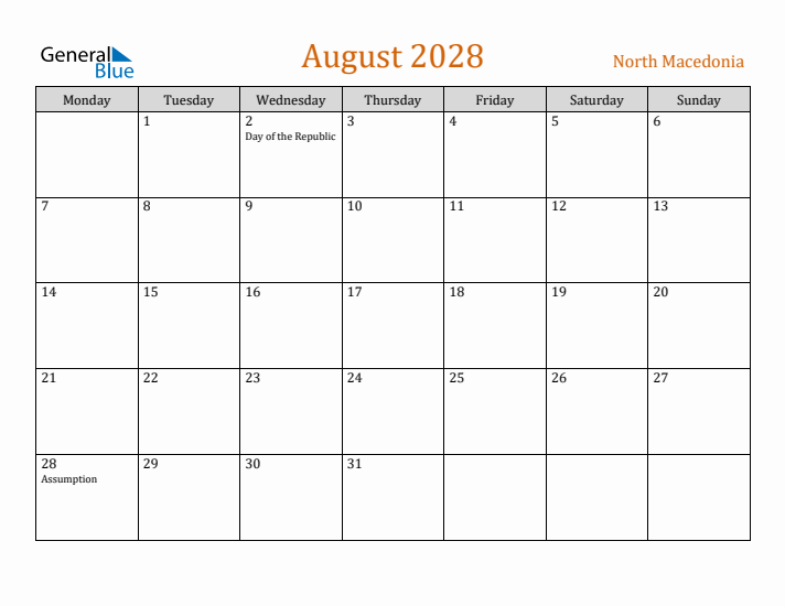 August 2028 Holiday Calendar with Monday Start