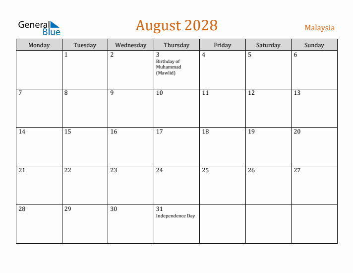 August 2028 Holiday Calendar with Monday Start