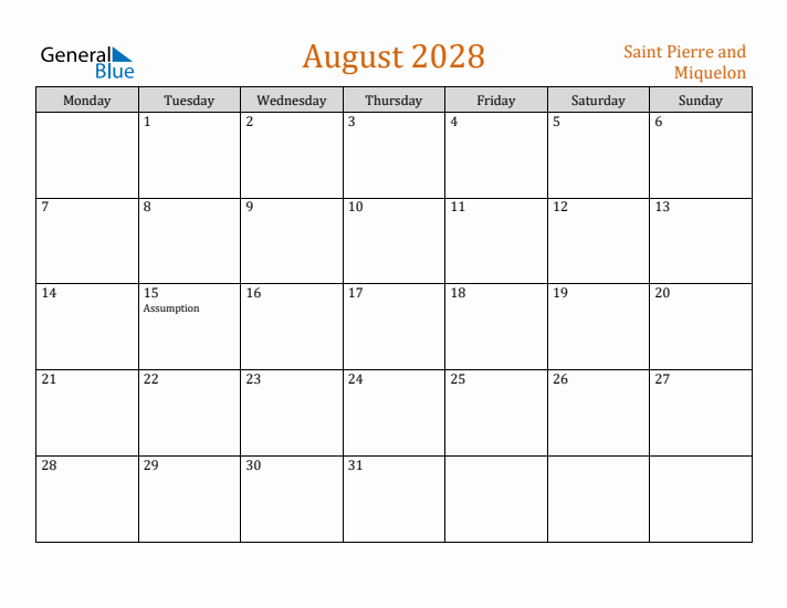 August 2028 Holiday Calendar with Monday Start