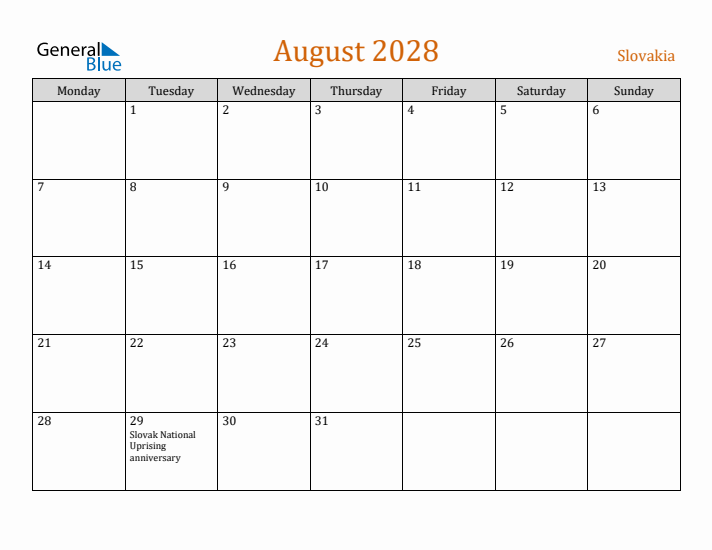 August 2028 Holiday Calendar with Monday Start