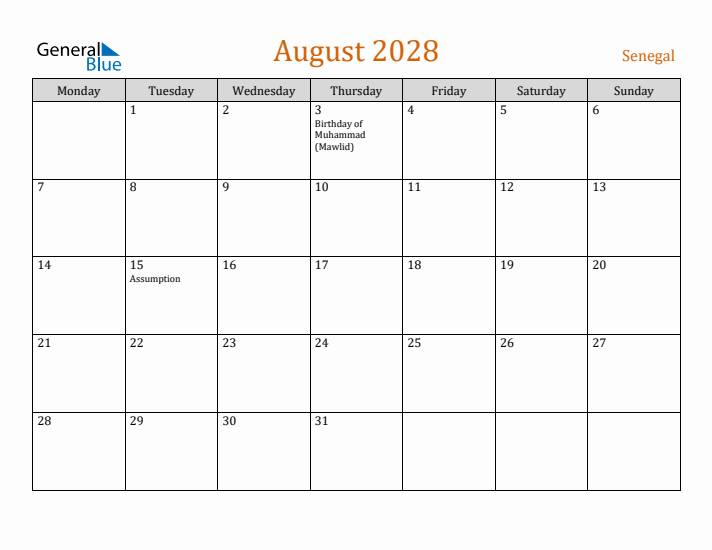 August 2028 Holiday Calendar with Monday Start