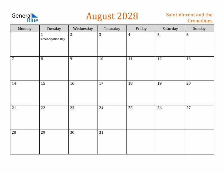 August 2028 Holiday Calendar with Monday Start