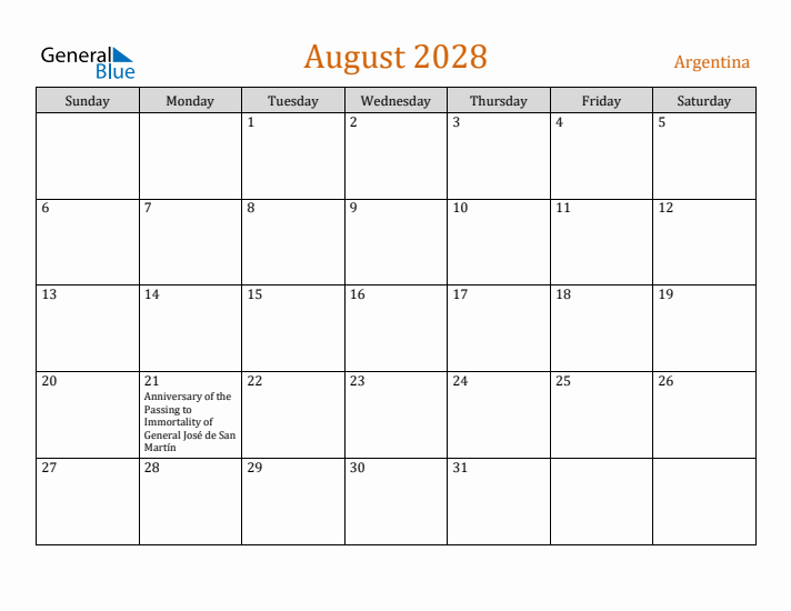 August 2028 Holiday Calendar with Sunday Start