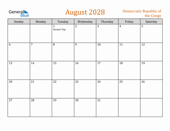 August 2028 Holiday Calendar with Sunday Start