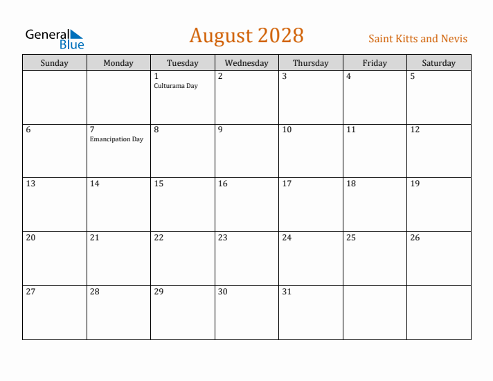 August 2028 Holiday Calendar with Sunday Start