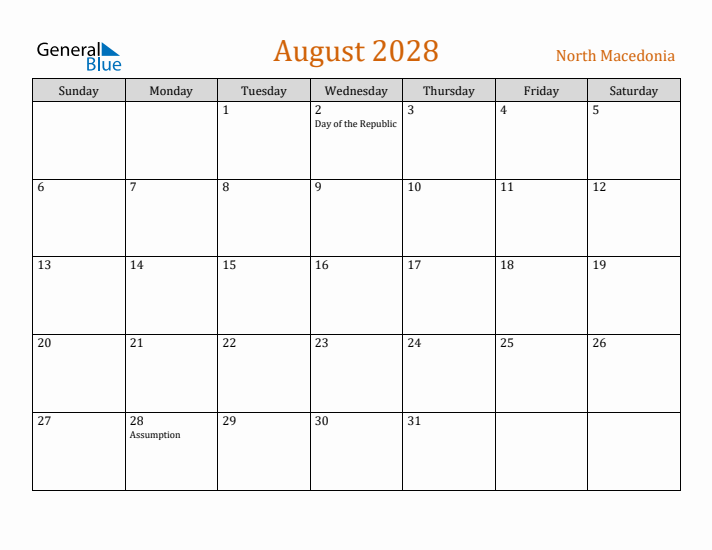 August 2028 Holiday Calendar with Sunday Start