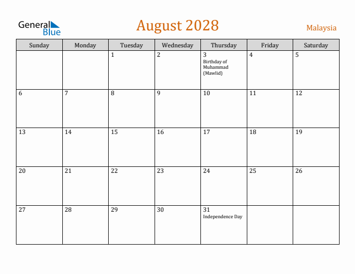 August 2028 Holiday Calendar with Sunday Start