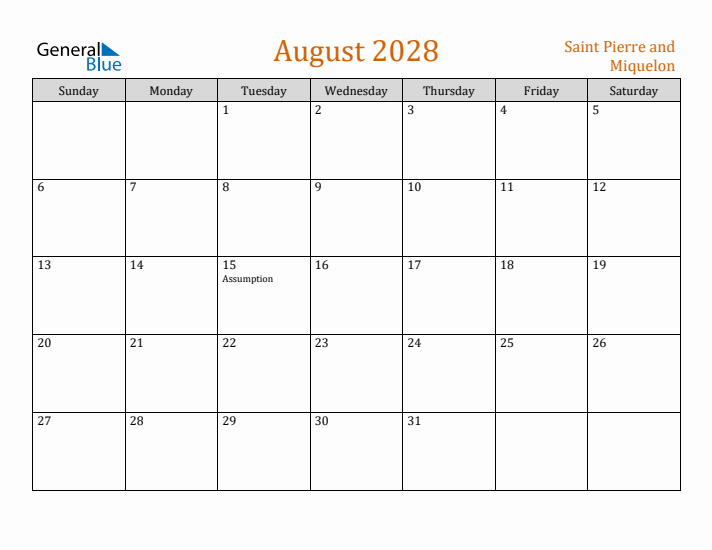 August 2028 Holiday Calendar with Sunday Start
