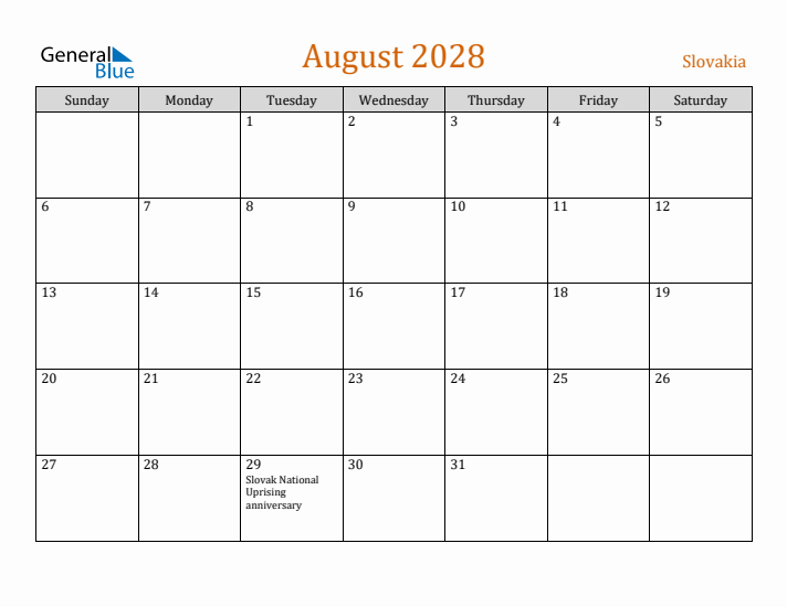 August 2028 Holiday Calendar with Sunday Start