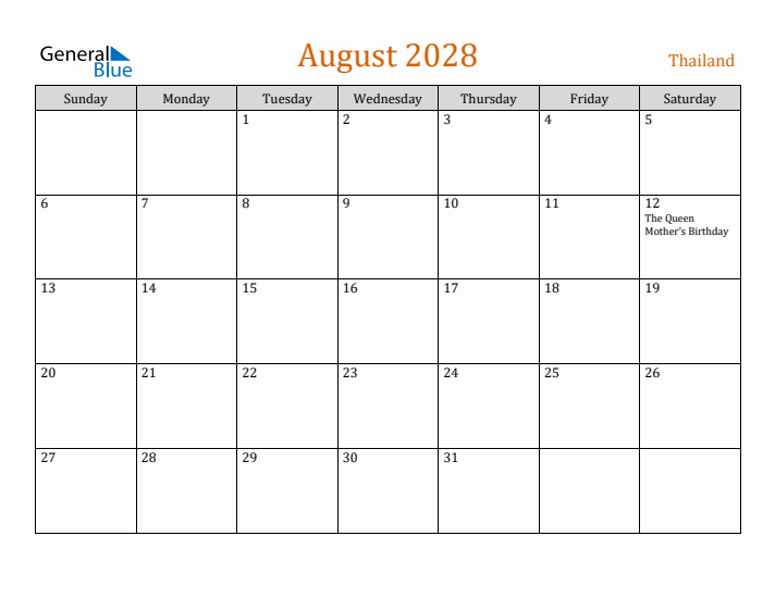 August 2028 Holiday Calendar with Sunday Start