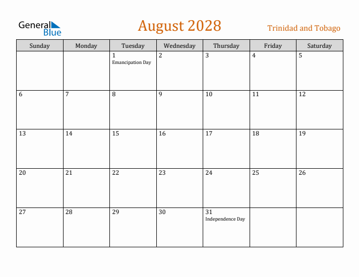 August 2028 Holiday Calendar with Sunday Start