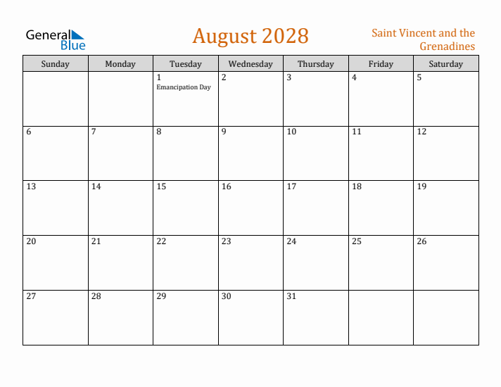 August 2028 Holiday Calendar with Sunday Start