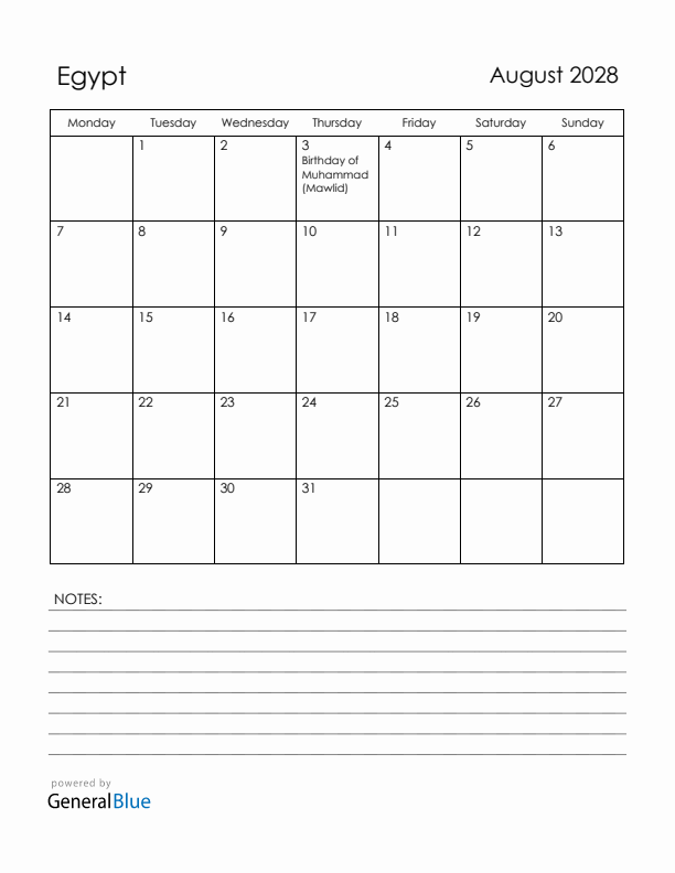 August 2028 Egypt Calendar with Holidays (Monday Start)
