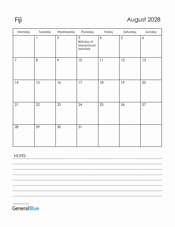 August 2028 Fiji Calendar with Holidays (Monday Start)